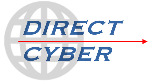 globe with a red arrow through the middle, and dark blue text saying Direct Cyber
